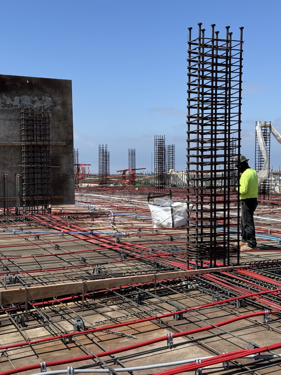 Panorama parking structure tendon and rebar detail during construction