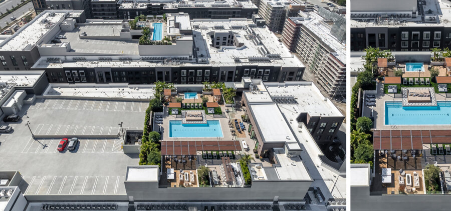 The Row at Red Hill parking structure aerial view with pool deck
